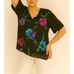 Vintage Stenay Silk Sequin Floral Top – Size M